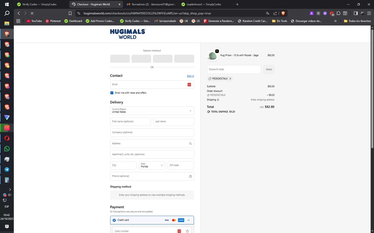 Hugimals World promo code screenshot showing code PEDSDOCTALK applied at Hugimals World checkout page. Uploaded by SimplyCodes community member ilarrazaM1 on Oct 24, 2025