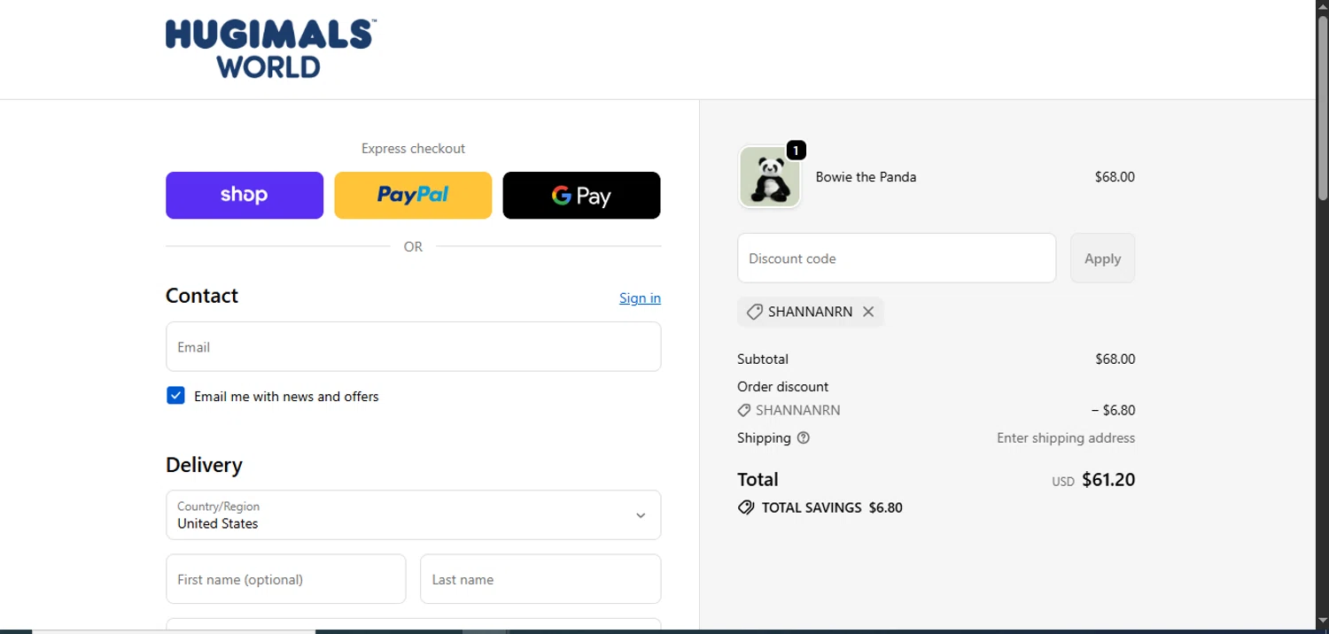 Hugimals World promo code screenshot showing code SHANNANRN applied at Hugimals World checkout page. Uploaded by SimplyCodes community member juanisaac on Nov 22, 2025