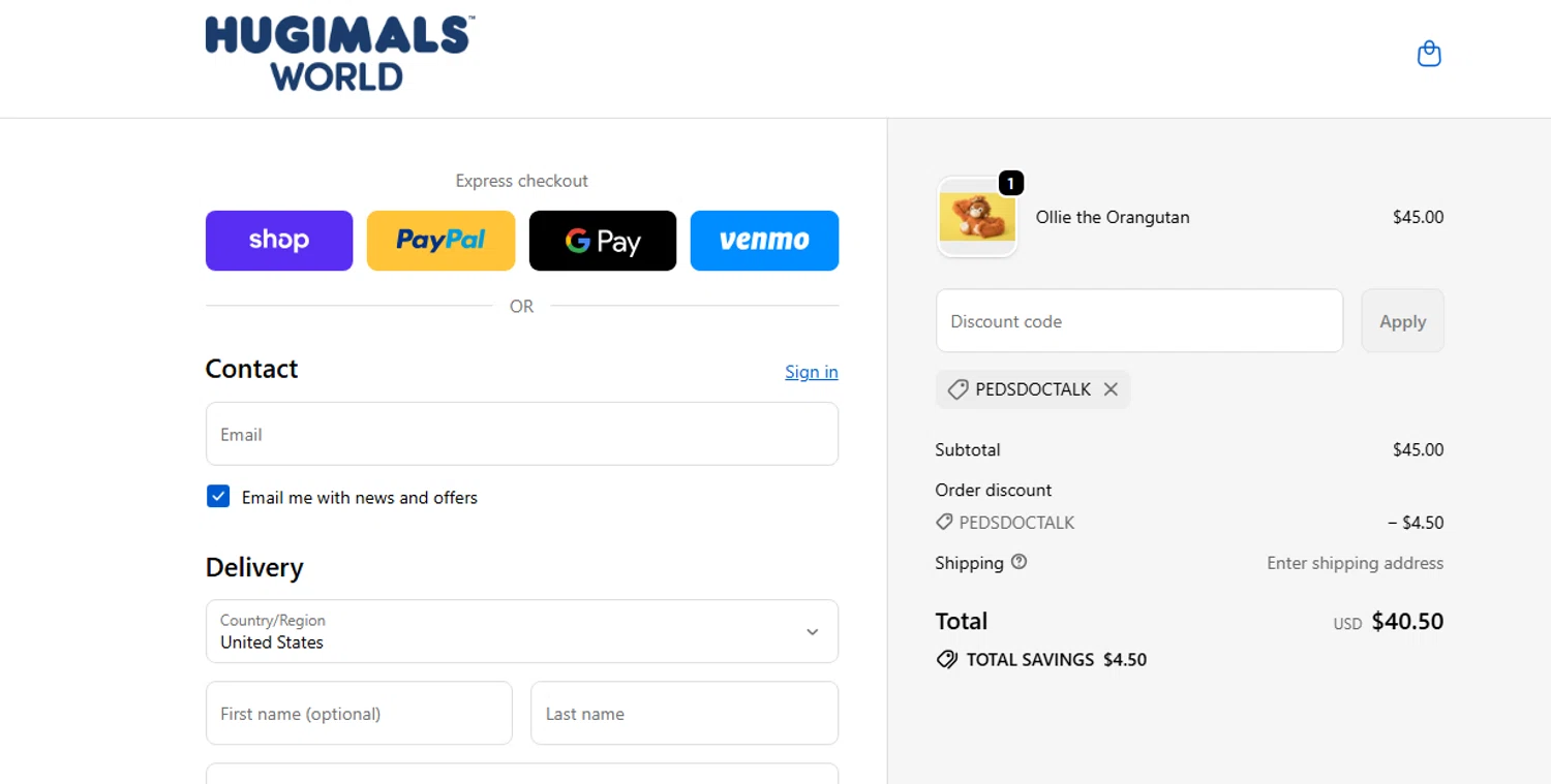 Hugimals World promo code screenshot showing code PEDSDOCTALK applied at Hugimals World checkout page. Uploaded by SimplyCodes community member shark12 on Sep 27, 2025