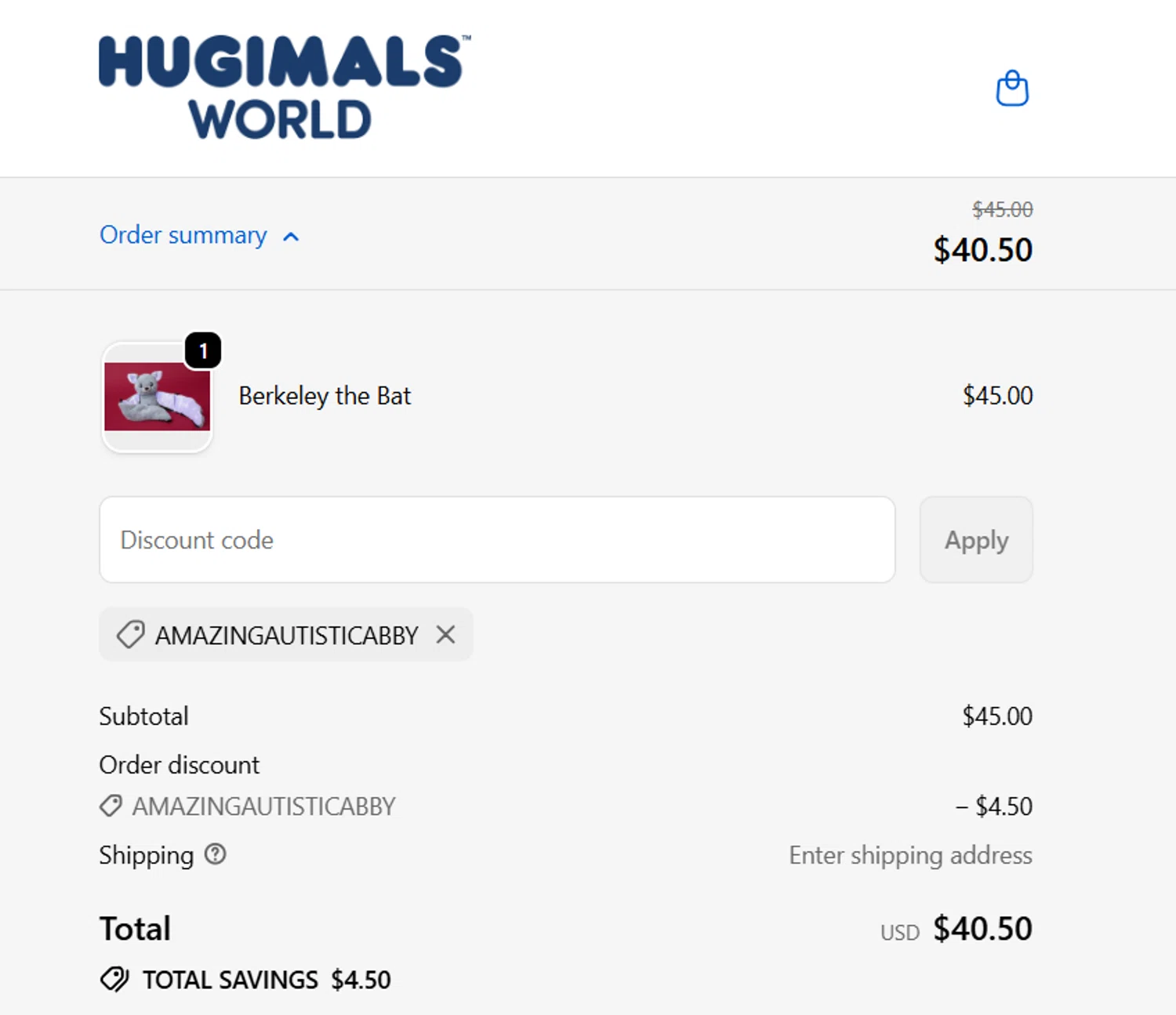 Hugimals World promo code screenshot showing code AMAZINGAUTISTICABBY applied at Hugimals World checkout page. Uploaded by SimplyCodes community member yokoono10 on Oct 7, 2025