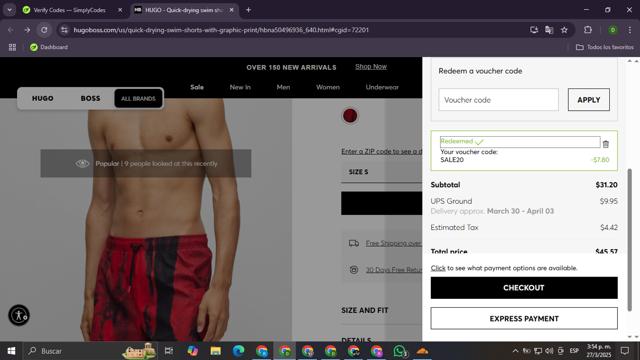 HUGO BOSS checkout page showing HUGO BOSS coupon code box | Screenshot taken by SimplyCodes community member on Mar 27, 2025