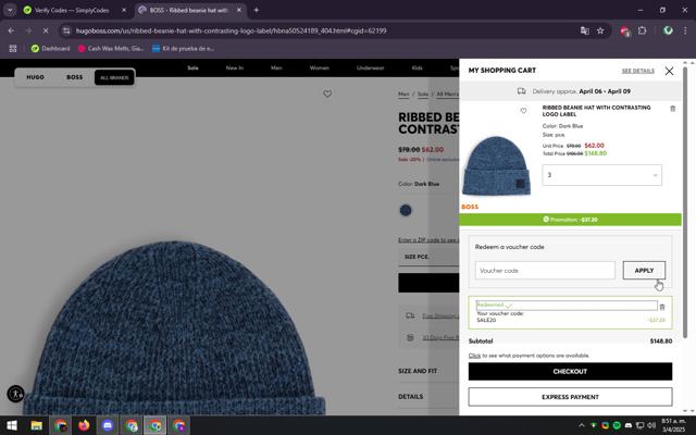 HUGO BOSS checkout page showing HUGO BOSS coupon code box | Screenshot taken by SimplyCodes community member on Apr 3, 2025