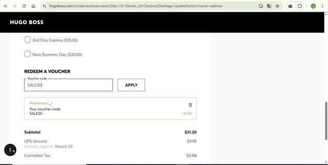 HUGO BOSS checkout page showing HUGO BOSS coupon code box | Screenshot taken by SimplyCodes community member on Mar 24, 2025