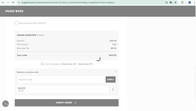 HUGO BOSS checkout page showing HUGO BOSS coupon code box | Screenshot taken by SimplyCodes community member on Aug 31, 2025