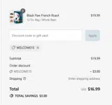 WELCOME15 coupon verification screenshot