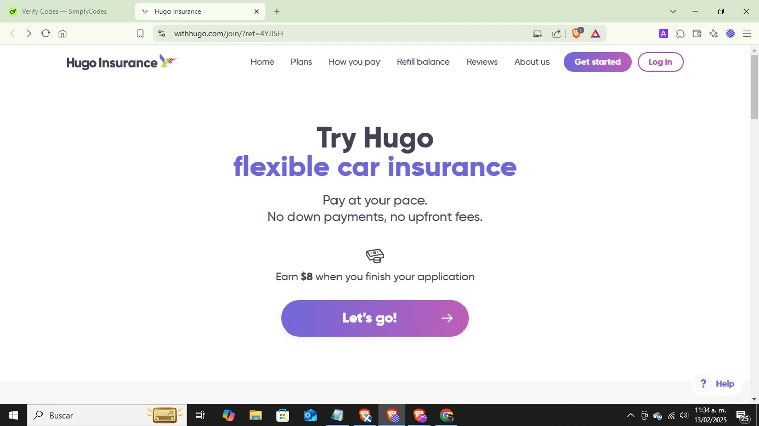 Hugo Insurance promo code screenshot showing code 4YJJ5H applied at Hugo Insurance checkout page. Uploaded by SimplyCodes community member MightyLynx2818 on Feb 13, 2025