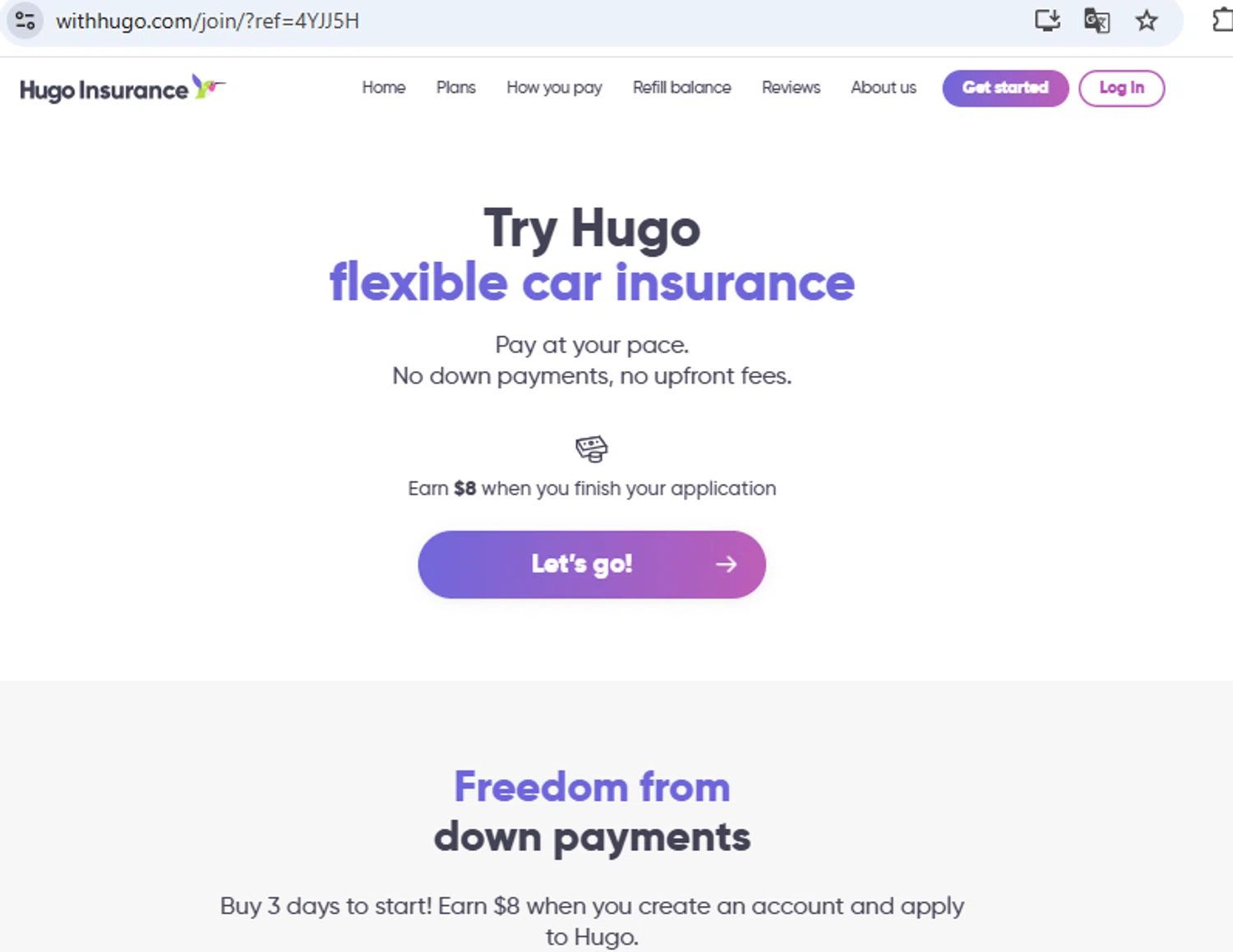 Hugo Insurance promo code screenshot showing code 4YJJ5H applied at Hugo Insurance checkout page. Uploaded by SimplyCodes community member PennyOwl2559 on Feb 13, 2025