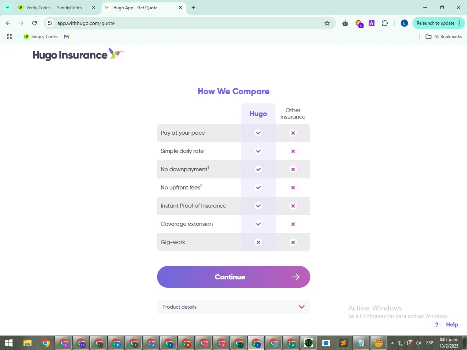Hugo Insurance promo code screenshot showing code 4YJJ5H applied at Hugo Insurance checkout page. Uploaded by SimplyCodes community member GloriousSentinel2997 on Feb 14, 2025