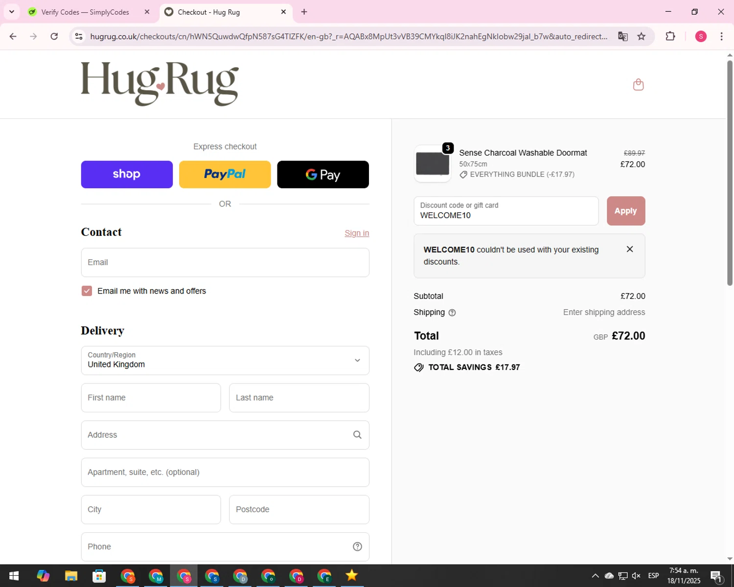 Hug Rug discount code screenshot showing code WELCOME10 applied at Hug Rug checkout page. Uploaded by SimplyCodes community member 00000056 on Nov 18, 2025