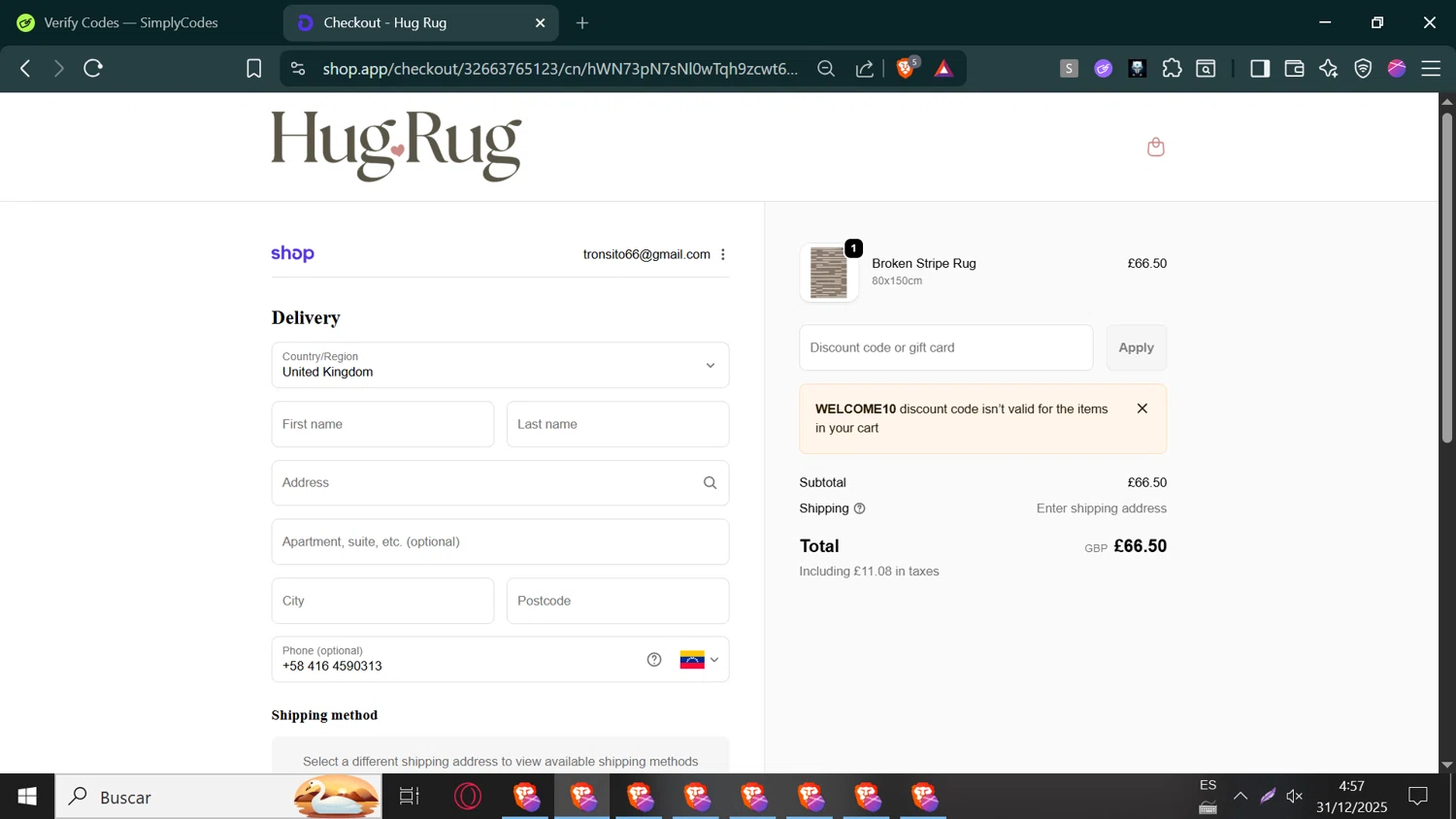 Hug Rug checkout page showing Hug Rug discount code box | Screenshot taken by SimplyCodes community member on Dec 31, 2025
