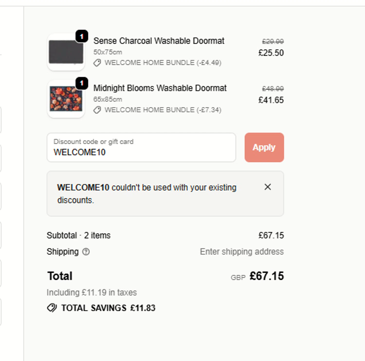 Hug Rug discount code screenshot showing code WELCOME10 applied at Hug Rug checkout page. Uploaded by SimplyCodes community member a2d2c2d211 on Nov 18, 2025