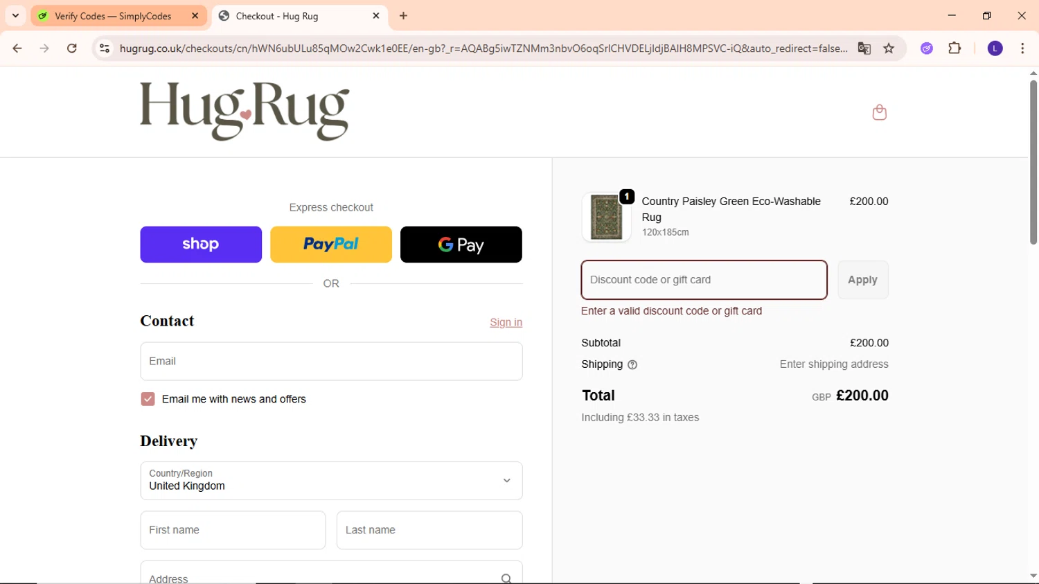 Hug Rug discount code screenshot showing code WELCOMEHUG applied at Hug Rug checkout page. Uploaded by SimplyCodes community member EpicWarden3081 on Dec 27, 2025