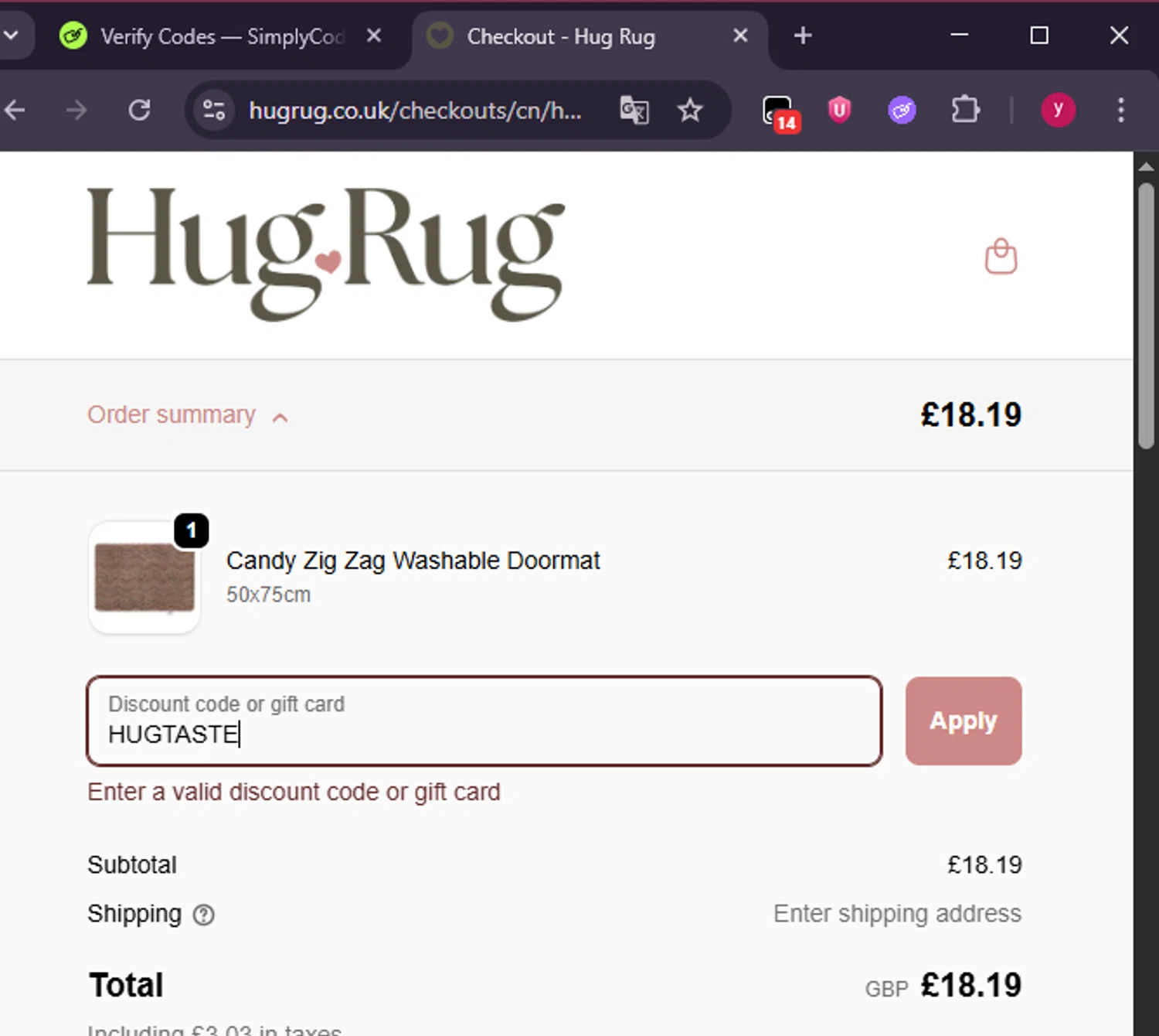 Hug Rug discount code screenshot showing code HUGTASTE applied at Hug Rug checkout page. Uploaded by SimplyCodes community member ValiantFox2134 on Dec 31, 2025