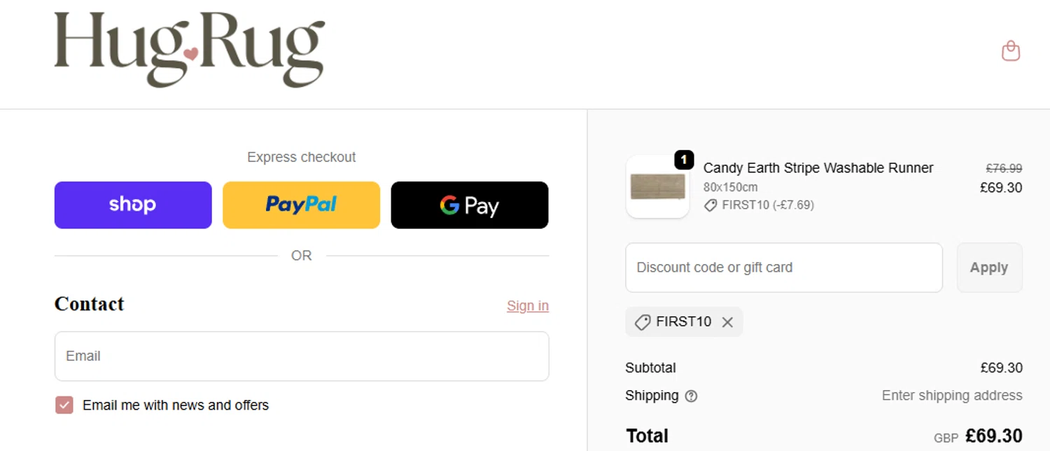 Hug Rug discount code screenshot showing code FIRST10 applied at Hug Rug checkout page. Uploaded by SimplyCodes community member Olorinnnnn on Nov 12, 2025