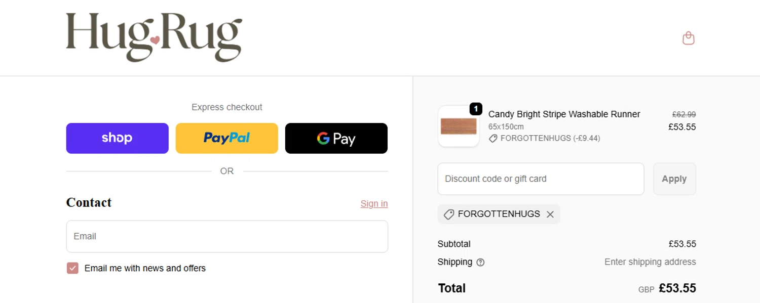 Hug Rug discount code screenshot showing code FORGOTTENHUGS applied at Hug Rug checkout page. Uploaded by SimplyCodes community member ashe1986 on Dec 4, 2025