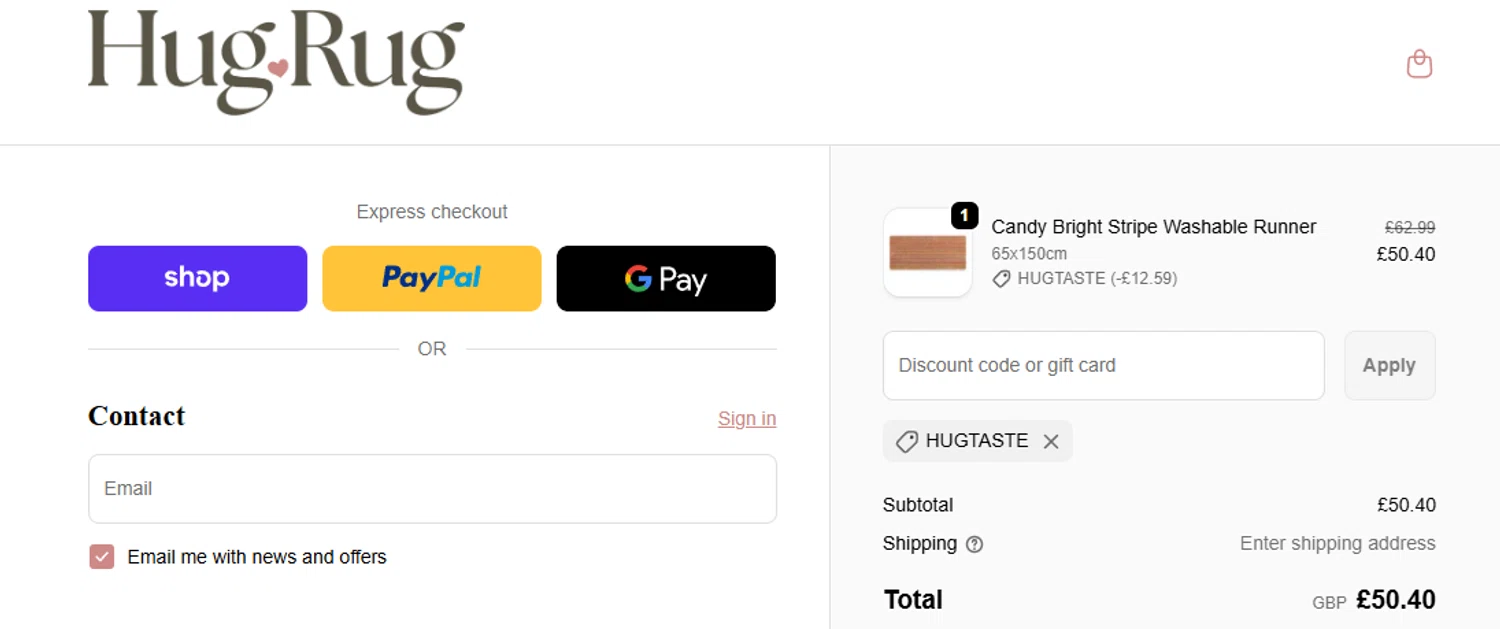 Hug Rug discount code screenshot showing code HUGTASTE applied at Hug Rug checkout page. Uploaded by SimplyCodes community member ashe1986 on Dec 4, 2025