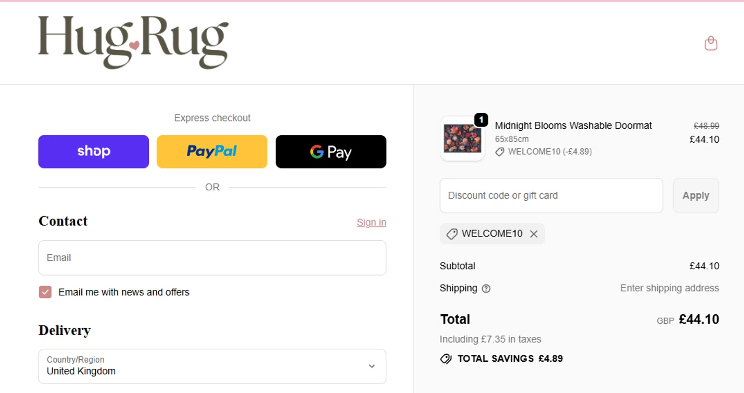 Hug Rug discount code screenshot showing code WELCOME10 applied at Hug Rug checkout page. Uploaded by SimplyCodes community member aumentadax10 on Sep 21, 2025
