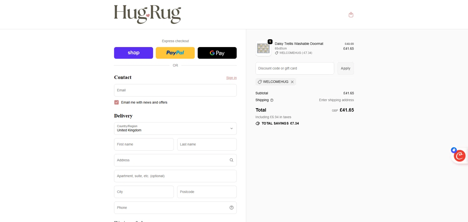Hug Rug discount code screenshot showing code WELCOMEHUG applied at Hug Rug checkout page. Uploaded by SimplyCodes community member ivantorres on Oct 1, 2025