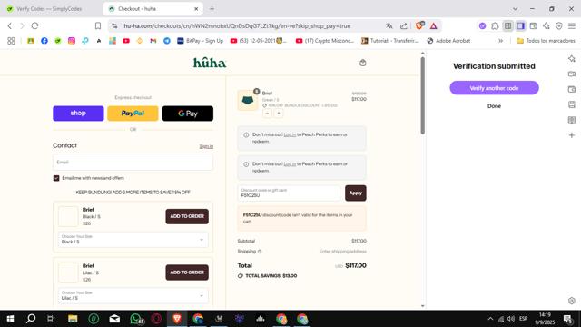 Huha checkout page showing Huha discount code box | Screenshot taken by SimplyCodes community member on Sep 9, 2025