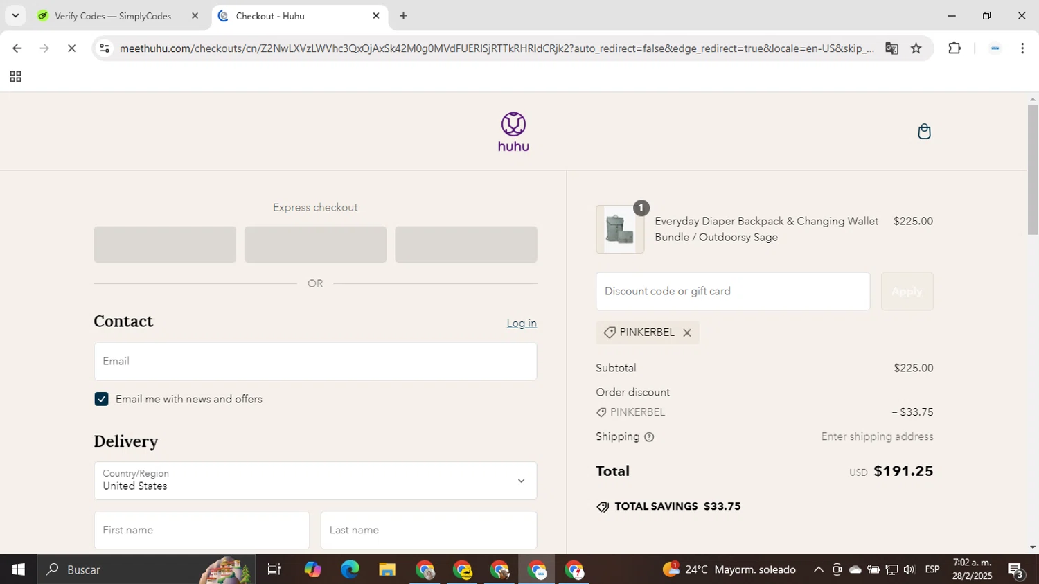 Huhu discount code screenshot showing code Pinkerbel applied at Huhu checkout page. Uploaded by SimplyCodes community member EpicTracker1394 on Feb 28, 2025
