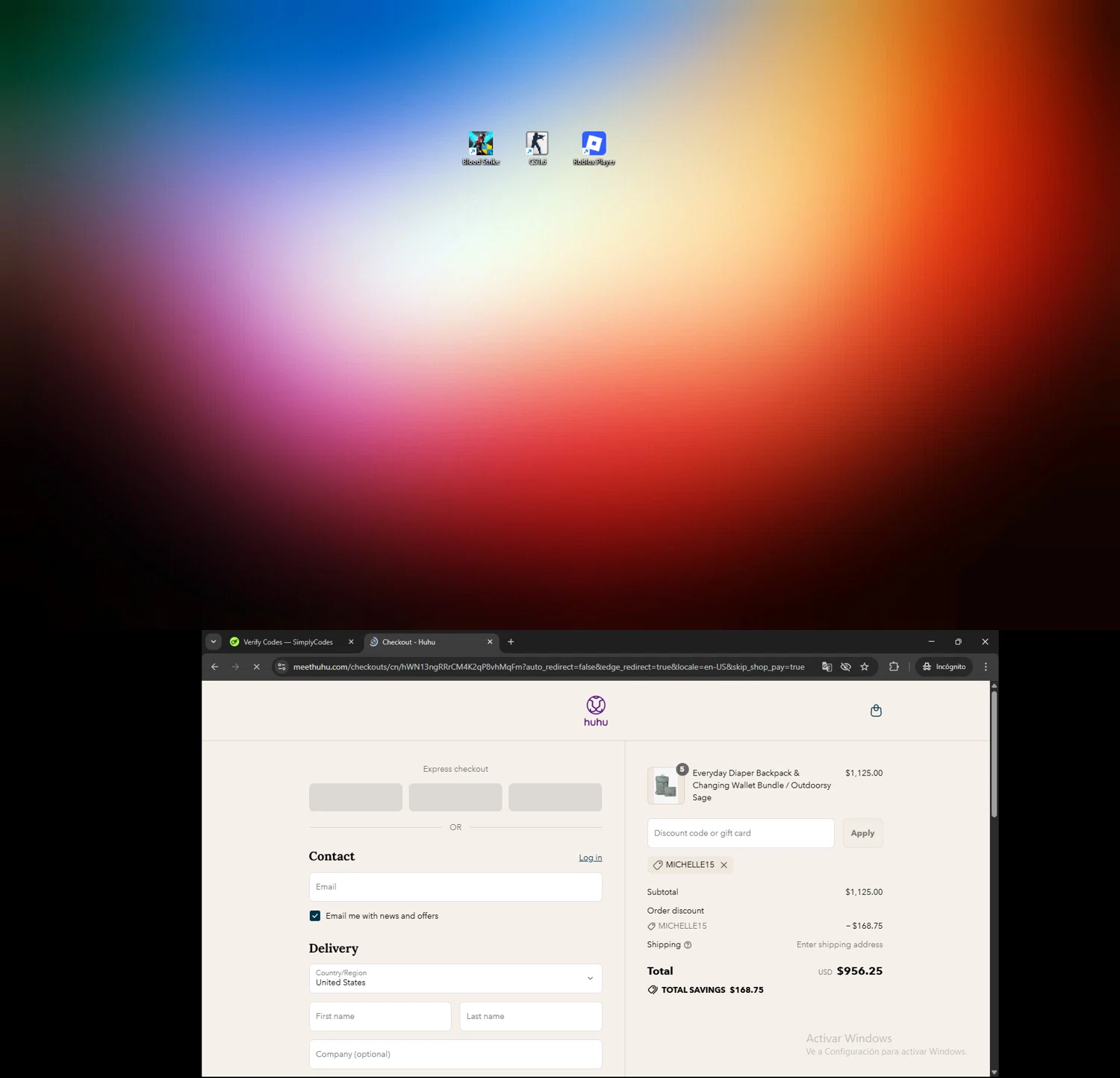 Huhu discount code screenshot showing code MICHELLE15 applied at Huhu checkout page. Uploaded by SimplyCodes community member SAKURA on Jul 26, 2025