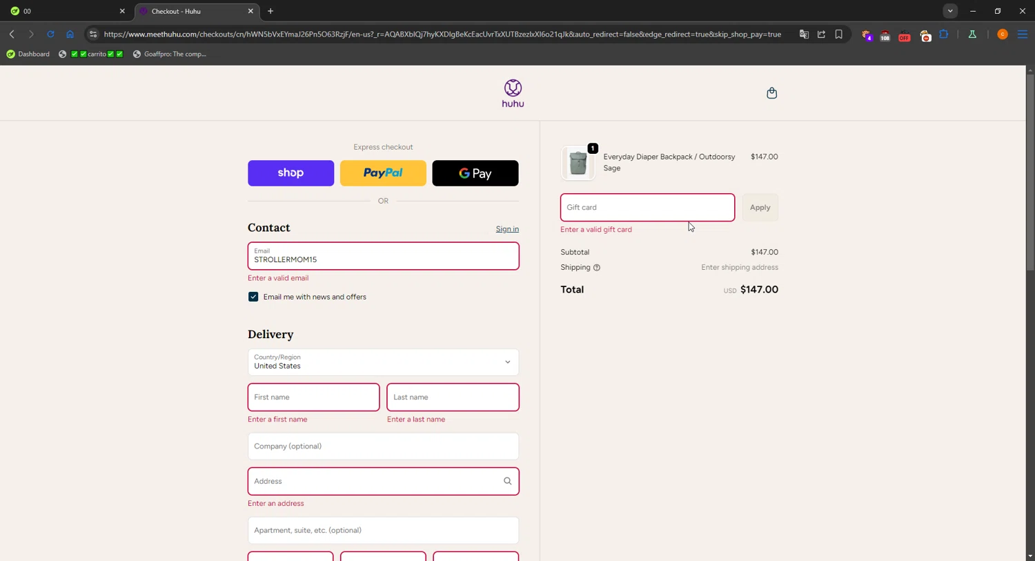 Huhu discount code screenshot showing code STROLLERMOM15 applied at Huhu checkout page. Uploaded by SimplyCodes community member LOgoter on Nov 22, 2025
