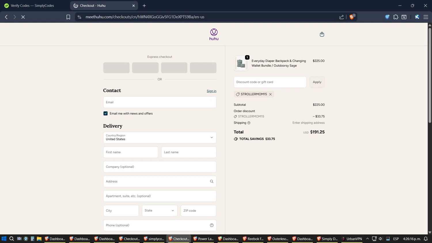 Huhu discount code screenshot showing code STROLLERMOM15 applied at Huhu checkout page. Uploaded by SimplyCodes community member TreasureExpert3303 on Oct 25, 2025