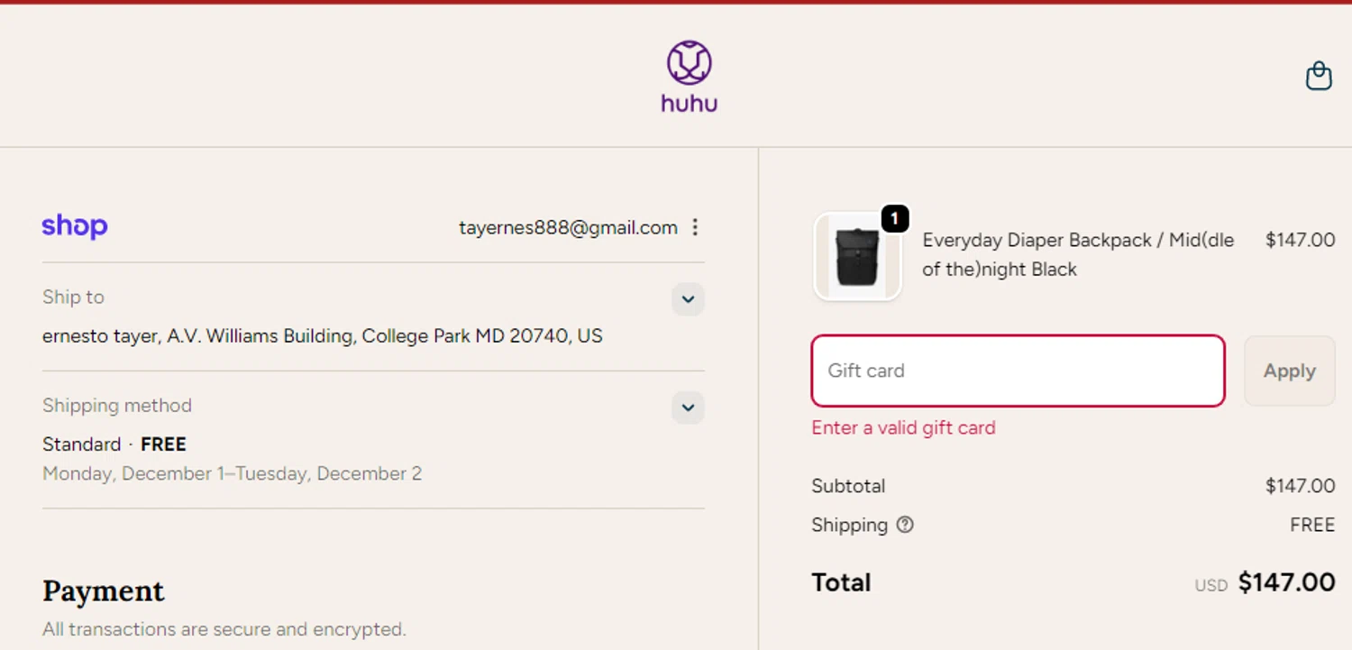 Huhu discount code screenshot showing code STROLLERMOM15 applied at Huhu checkout page. Uploaded by SimplyCodes community member moyedosky on Nov 22, 2025