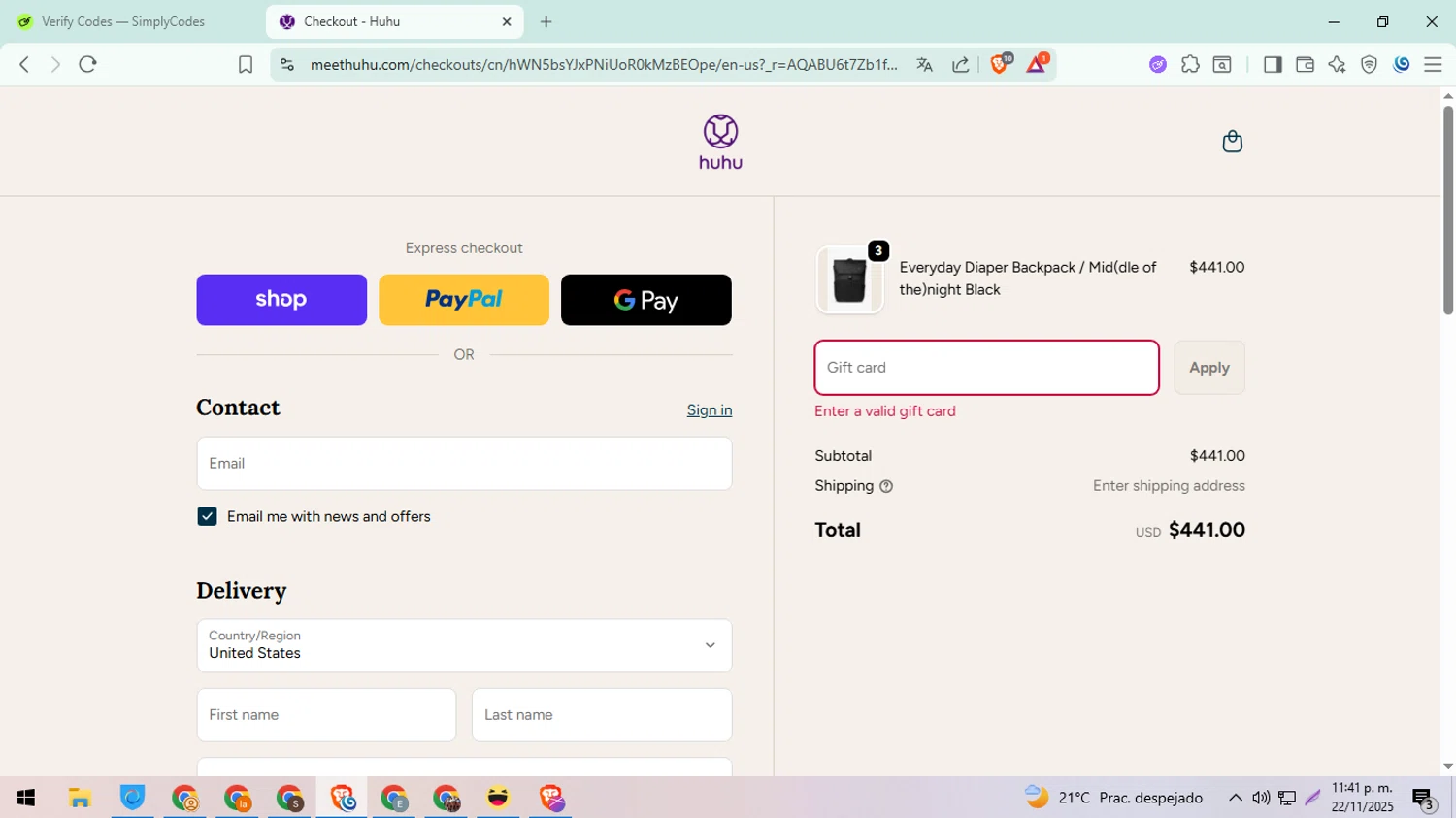 Huhu discount code screenshot showing code TRAVELANDWELL applied at Huhu checkout page. Uploaded by SimplyCodes community member ExtraordinarySeeker8039 on Nov 23, 2025