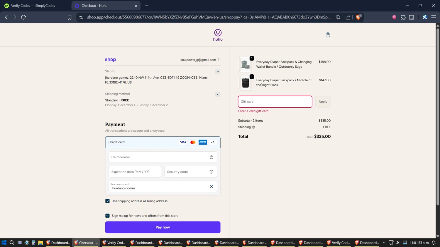 Huhu discount code screenshot showing code TRAVELANDWELL applied at Huhu checkout page. Uploaded by SimplyCodes community member verifier_983798000 on Nov 23, 2025