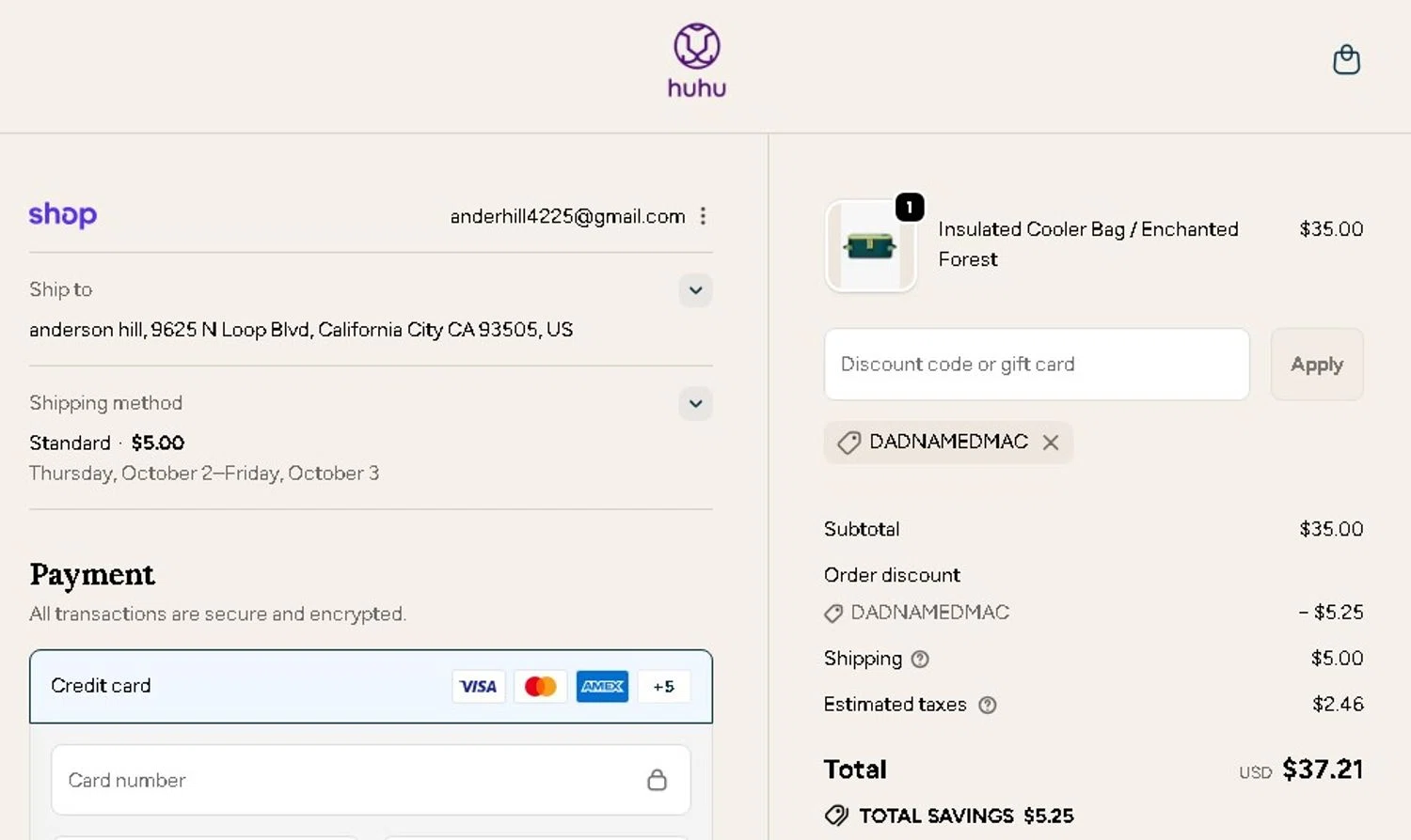 Huhu discount code screenshot showing code DADNAMEDMAC applied at Huhu checkout page. Uploaded by SimplyCodes community member Elcompa on Sep 28, 2025