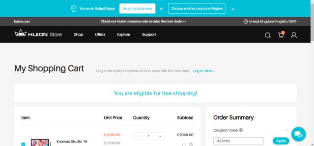 Huion checkout page showing Huion coupon code box | Screenshot taken by SimplyCodes community member on Oct 28, 2023