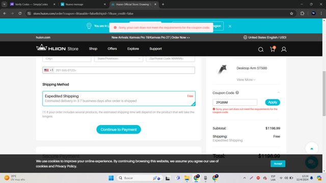 Huion checkout page showing Huion coupon code box | Screenshot taken by SimplyCodes community member on Apr 12, 2024