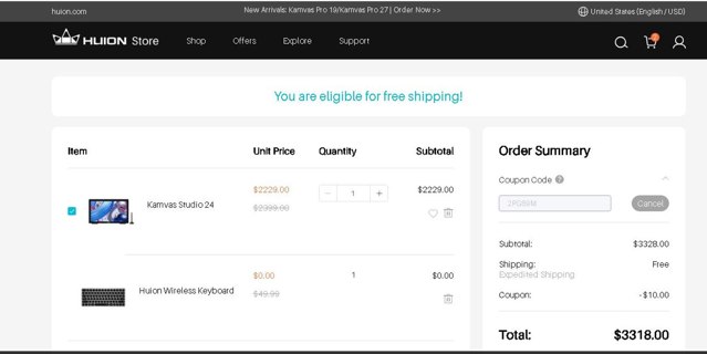 Huion checkout page showing Huion coupon code box | Screenshot taken by SimplyCodes community member on Apr 12, 2024