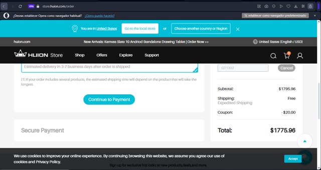 Huion checkout page showing Huion coupon code box | Screenshot taken by SimplyCodes community member on May 25, 2024