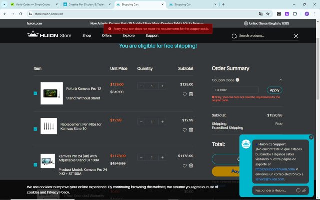 Huion checkout page showing Huion coupon code box | Screenshot taken by SimplyCodes community member on May 25, 2024