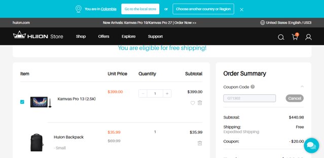 Huion checkout page showing Huion coupon code box | Screenshot taken by SimplyCodes community member on May 27, 2024