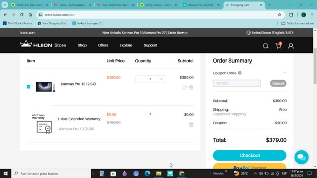 Huion checkout page showing Huion coupon code box | Screenshot taken by SimplyCodes community member on May 27, 2024