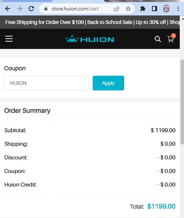 Huion Store checkout page showing Huion Store coupon code box | Screenshot taken by SimplyCodes community member on Aug 31, 2022