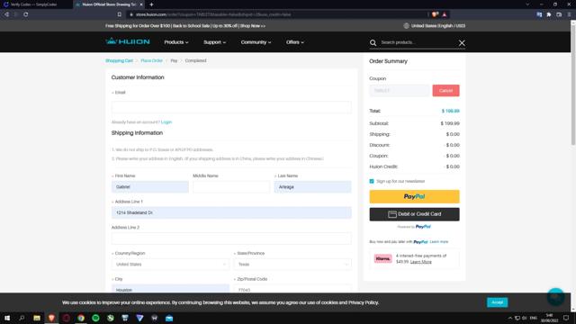 Huion Store checkout page showing Huion Store coupon code box | Screenshot taken by SimplyCodes community member on Aug 30, 2022