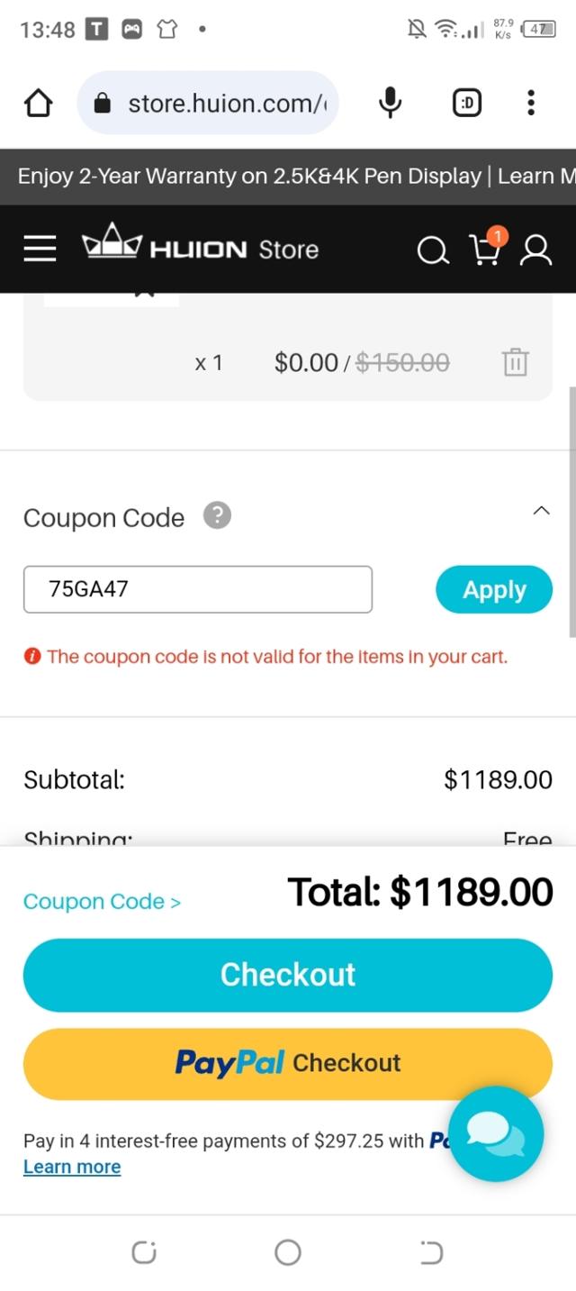 Huion Store checkout page showing Huion Store coupon code box | Screenshot taken by SimplyCodes community member on Aug 24, 2023