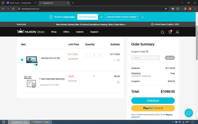 Huion Store checkout page showing Huion Store coupon code box | Screenshot taken by SimplyCodes community member on Mar 1, 2024