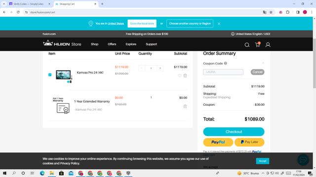 Huion Store checkout page showing Huion Store coupon code box | Screenshot taken by SimplyCodes community member on Feb 17, 2024