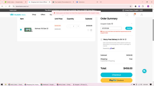 Huion Store checkout page showing Huion Store coupon code box | Screenshot taken by SimplyCodes community member on Sep 12, 2025