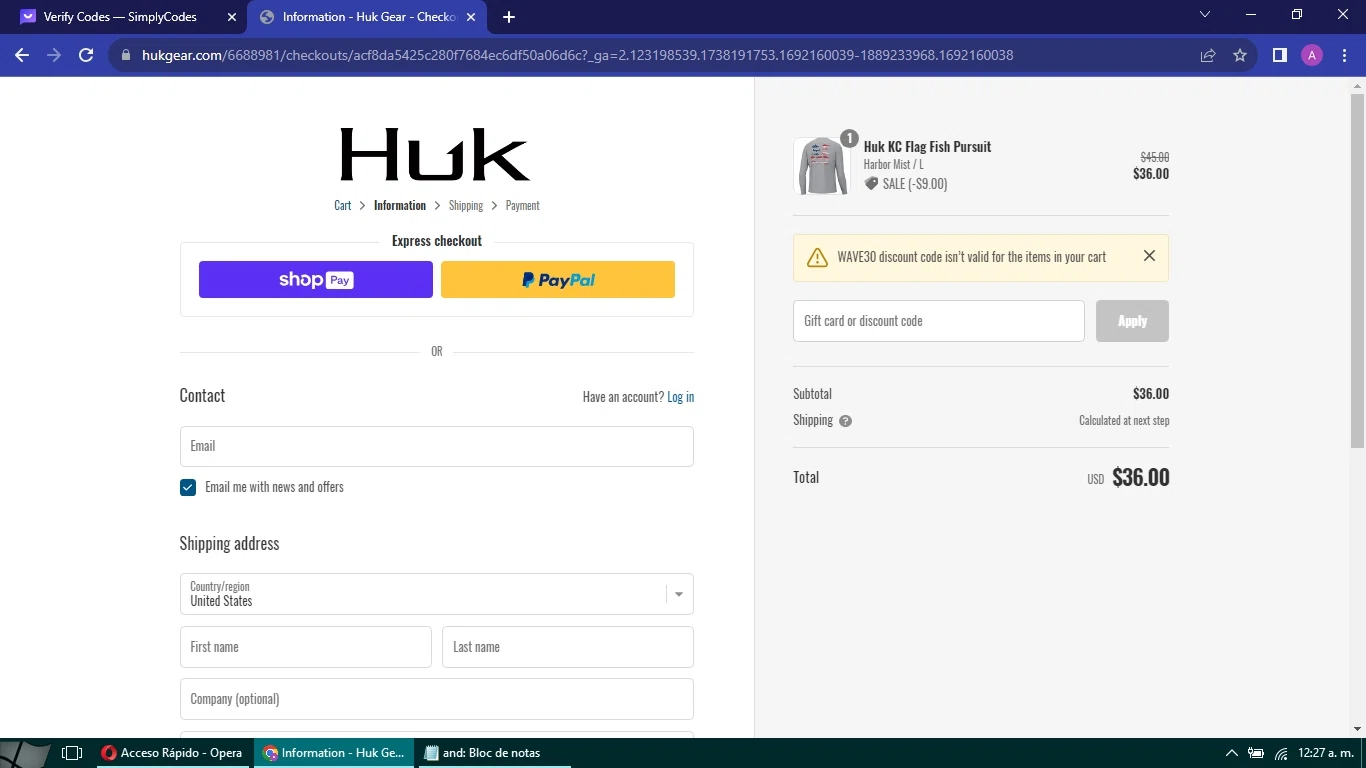 Huk Gear checkout page showing Huk Gear coupon code box | Screenshot taken by SimplyCodes community member on Aug 15, 2023