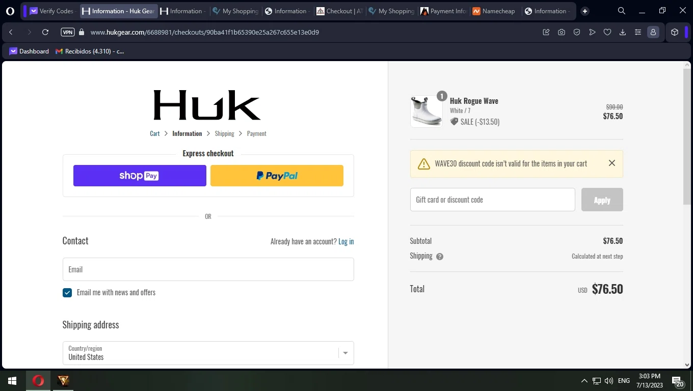 Huk Gear checkout page showing Huk Gear coupon code box | Screenshot taken by SimplyCodes community member on Jul 13, 2023