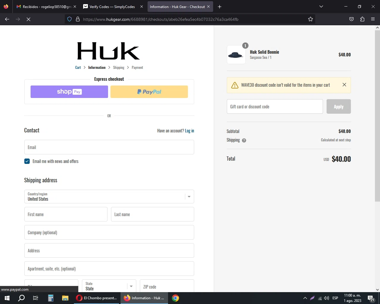 Huk Gear checkout page showing Huk Gear coupon code box | Screenshot taken by SimplyCodes community member on Aug 1, 2023