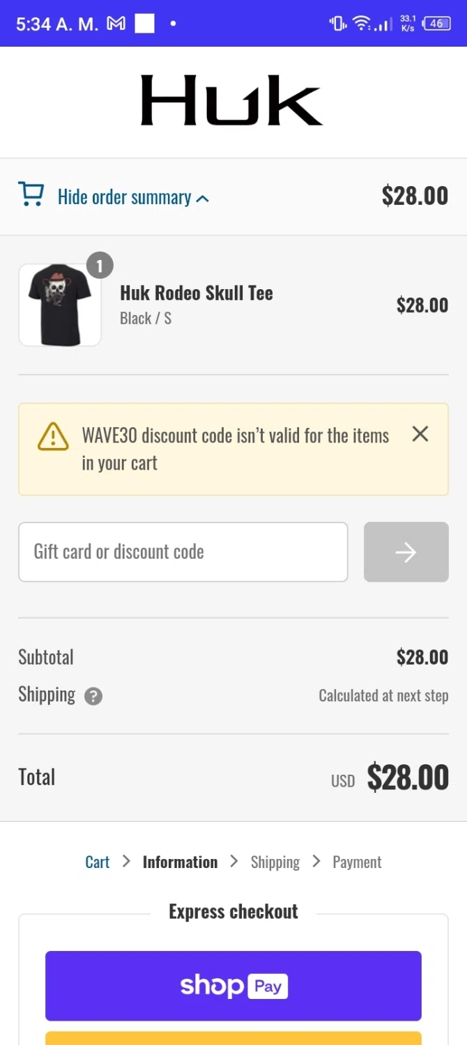 Huk Gear checkout page showing Huk Gear coupon code box | Screenshot taken by SimplyCodes community member on Aug 29, 2023