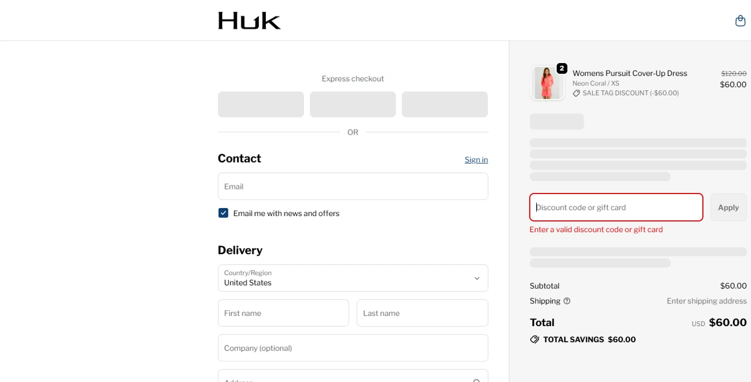 Huk Gear coupon code screenshot showing code extra30 applied at Huk Gear checkout page. Uploaded by SimplyCodes community member Kaizen on Nov 26, 2025