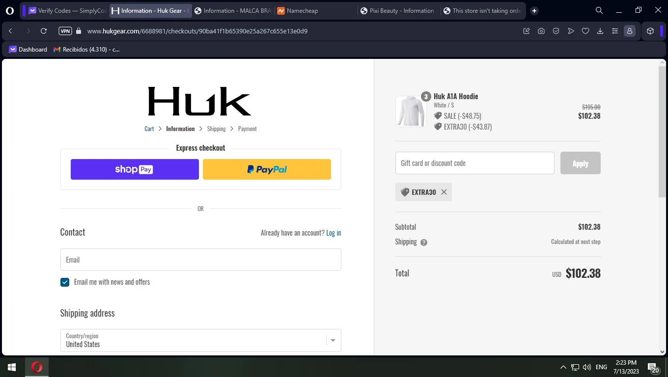 Huk Gear checkout page showing Huk Gear coupon code box | Screenshot taken by SimplyCodes community member on Jul 13, 2023